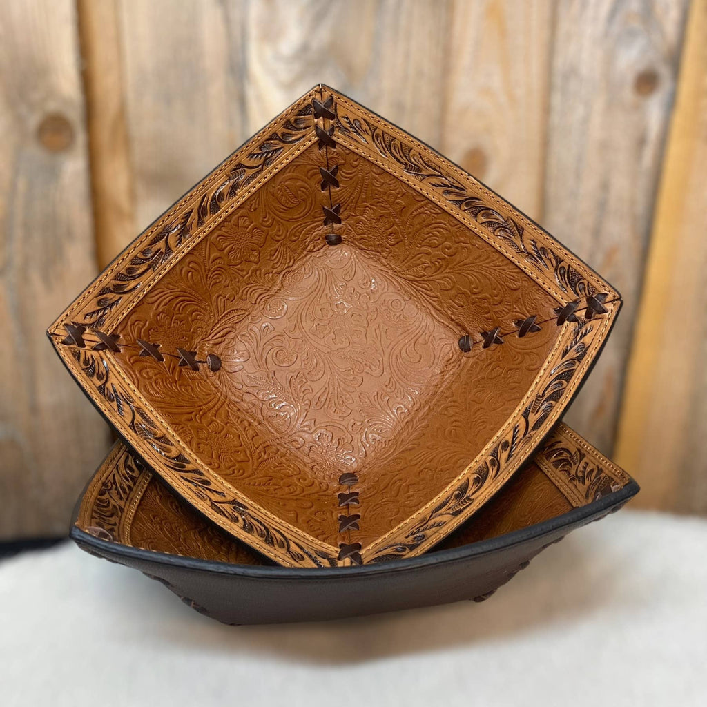  Tooled Leather Tan Floral Bowl  