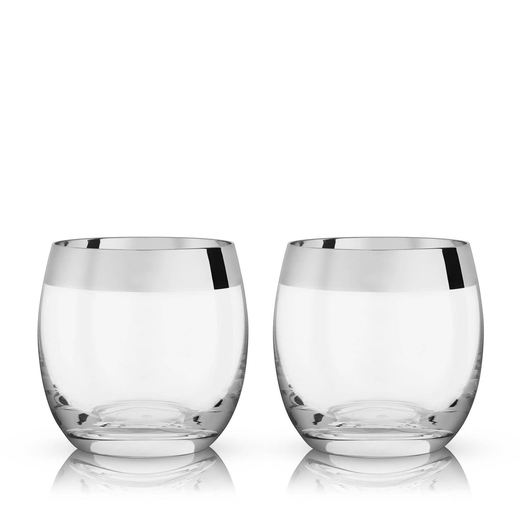 Chrome Rimmed Stemless Crystal Tumblers Set of 2