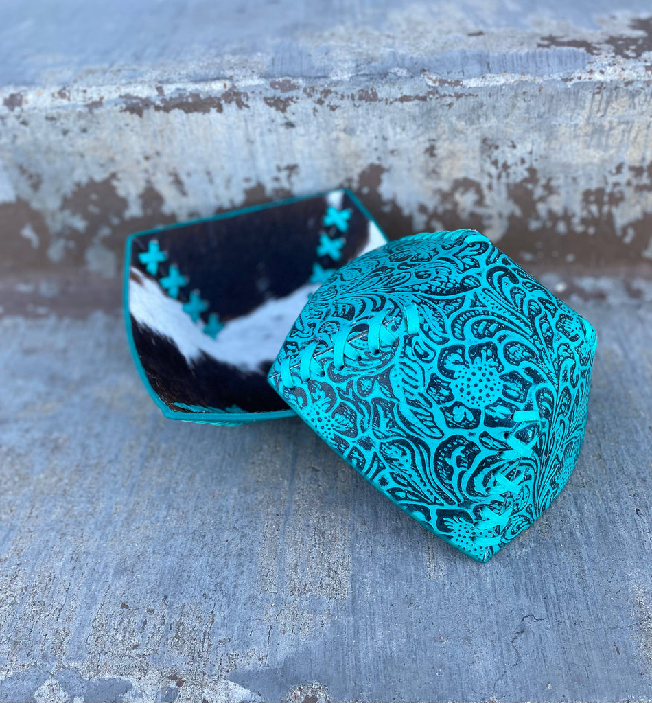 Small Turquoise Leather Reversible Floral Bowl 