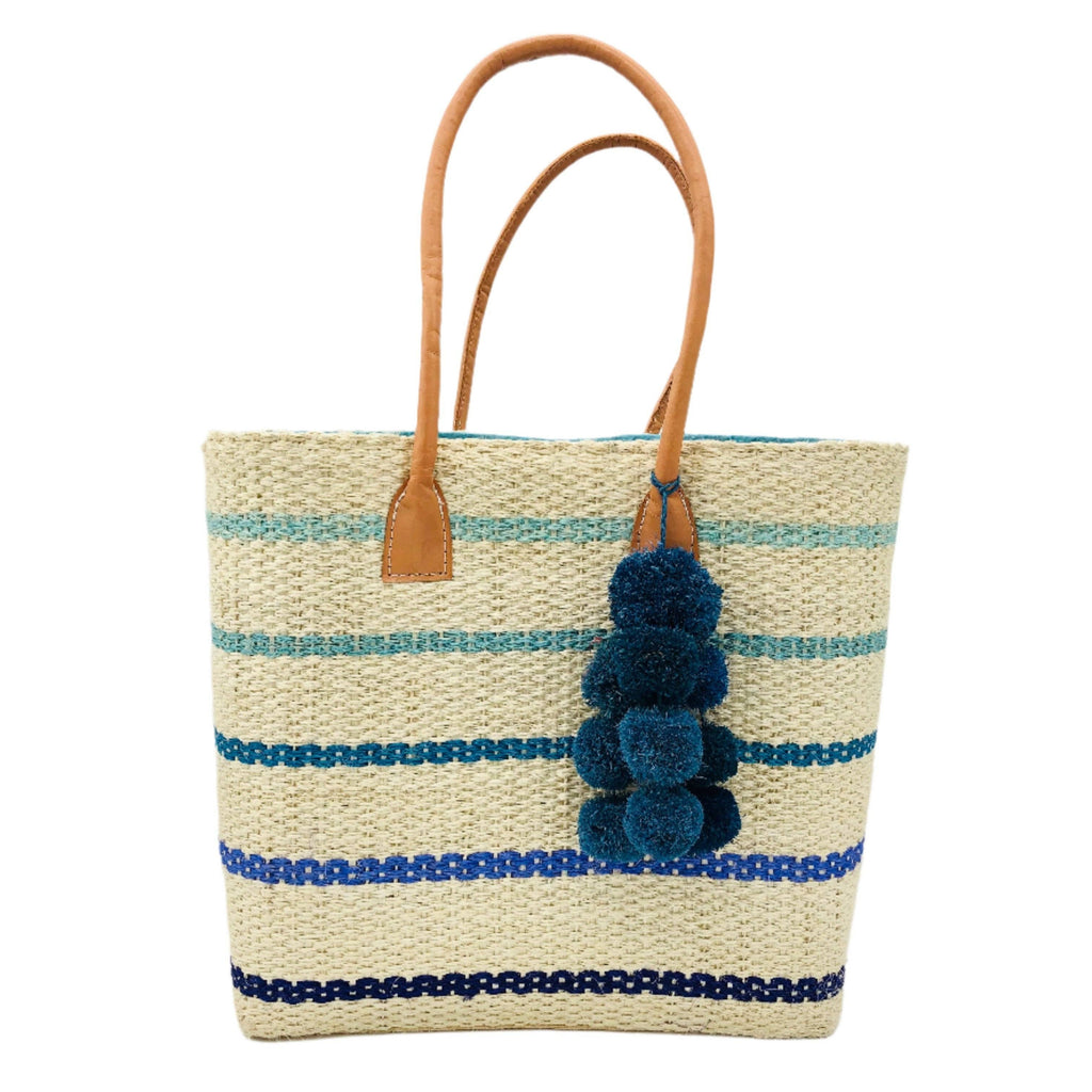 Pinstripes Sisal Basket Bag with Waterfall Pompoms