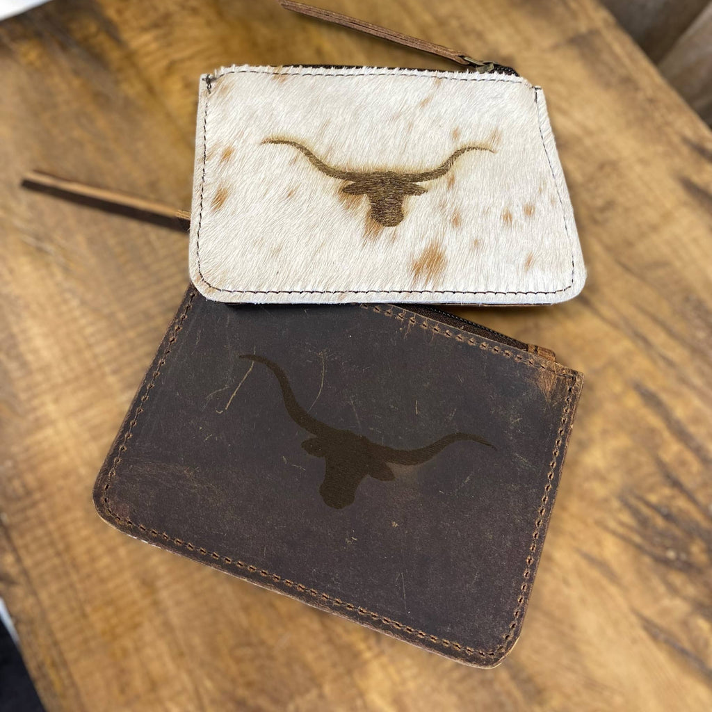 Longhorn Tooled & Cowhide Coin Pouch   