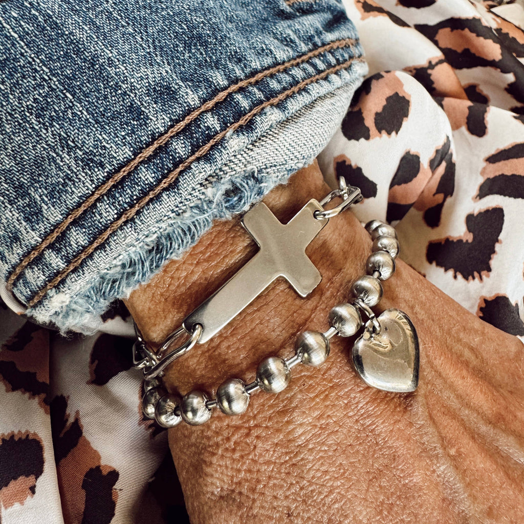 Brushed Stainless Steel Heart Charm Bracelet 