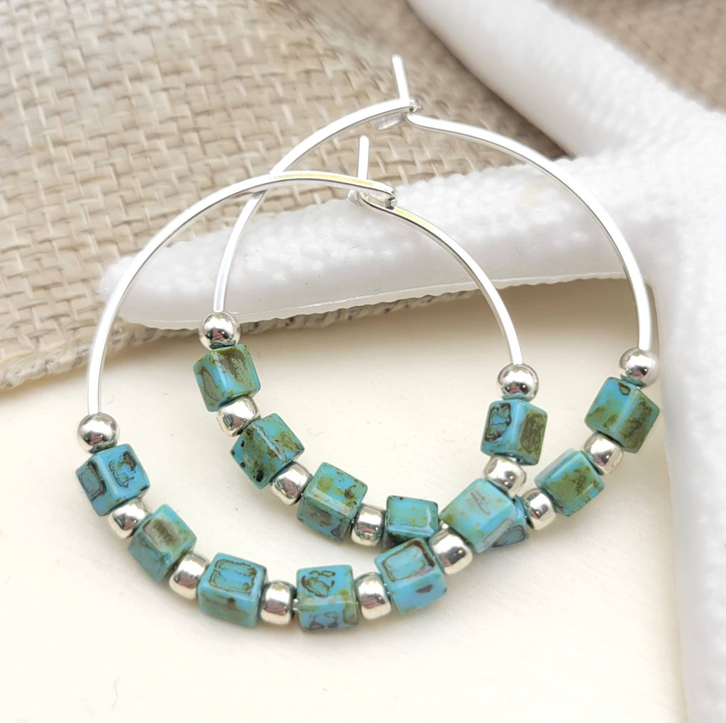 Turquoise and Sterling Silver Beaded Hoops