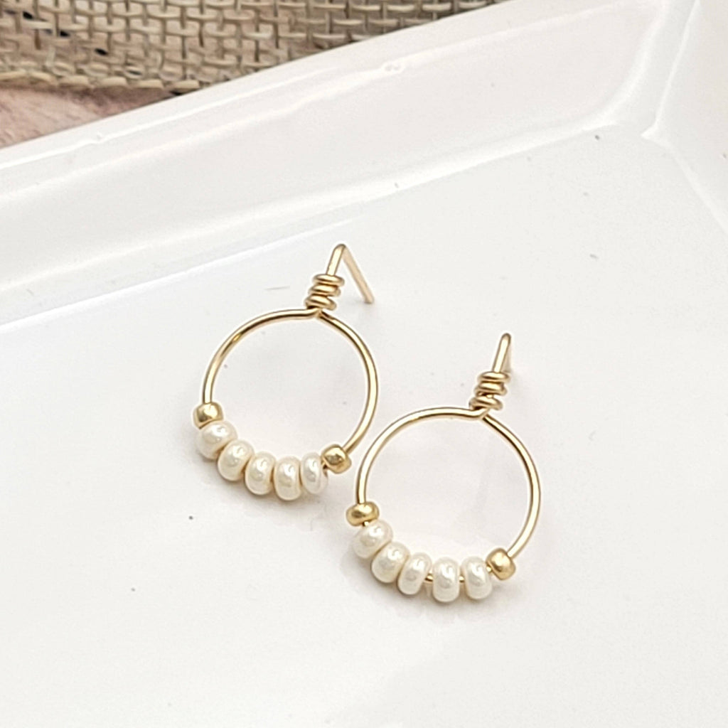 Gold & Pearl Beaded Hoop Stud Earrings