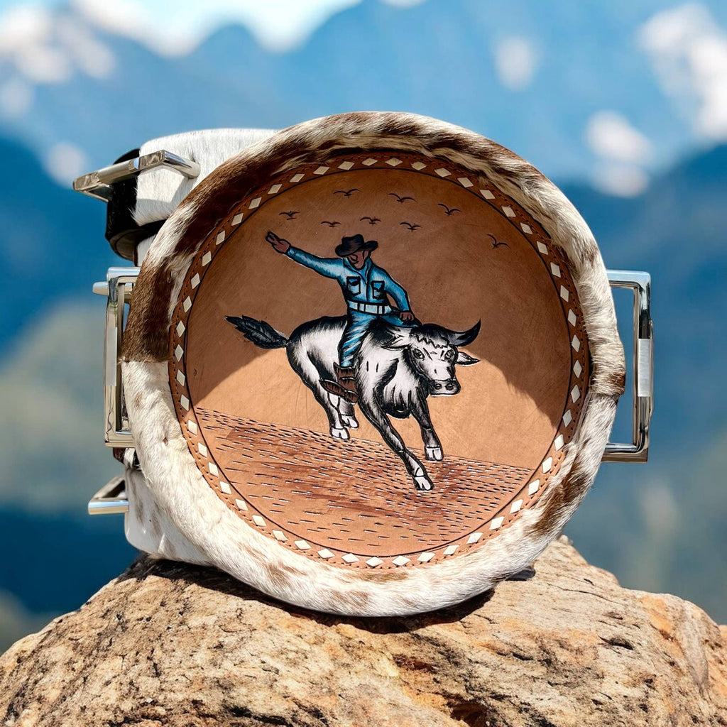 Bull Rider Tooled Leather + Cowhide Painted Tray 