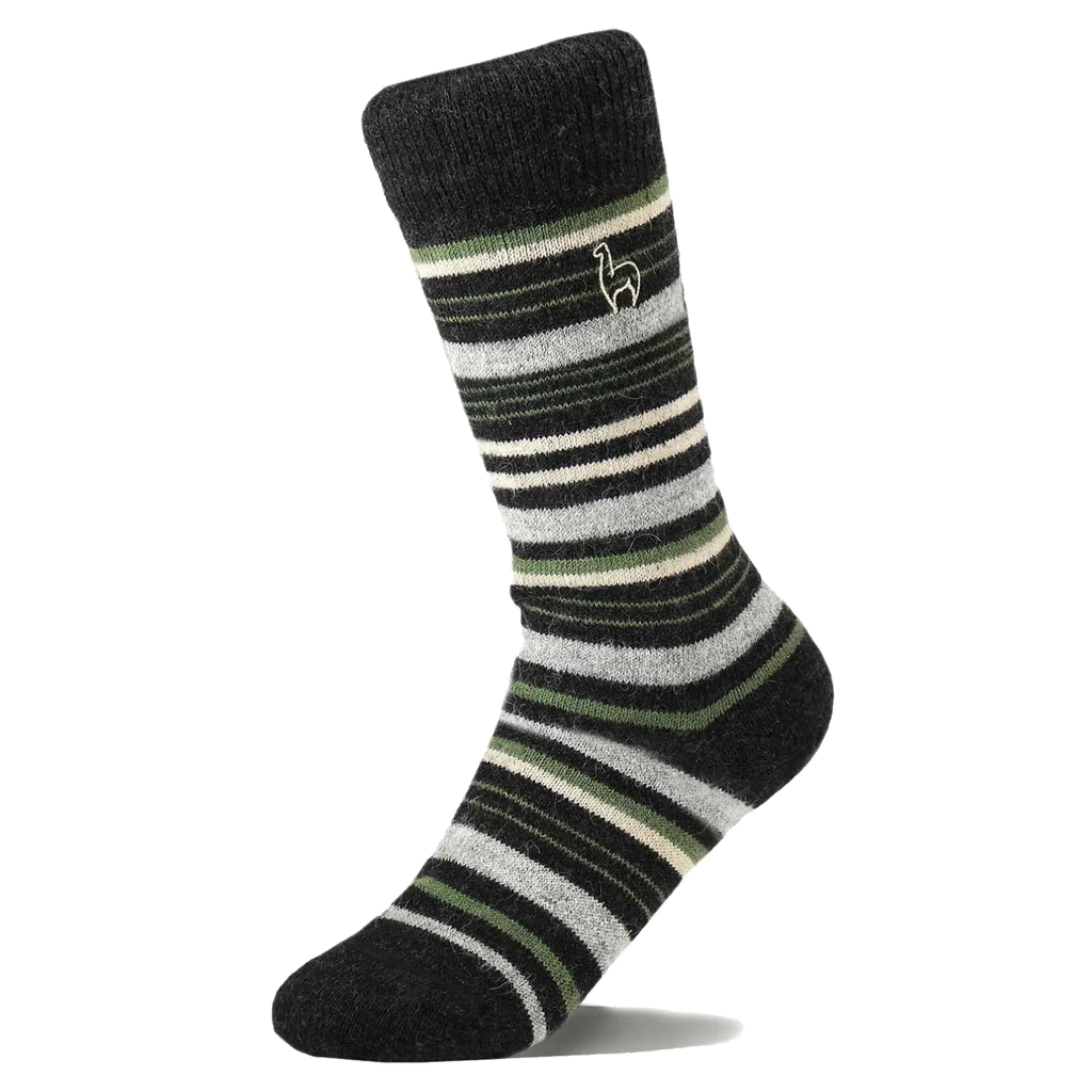 Picture shows black and white striped socks with green highlights