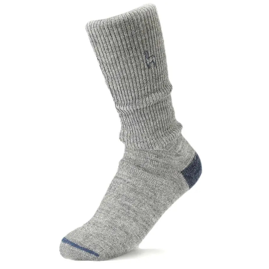 Light gray socks with a charcoal blue heel cup and tow stripe