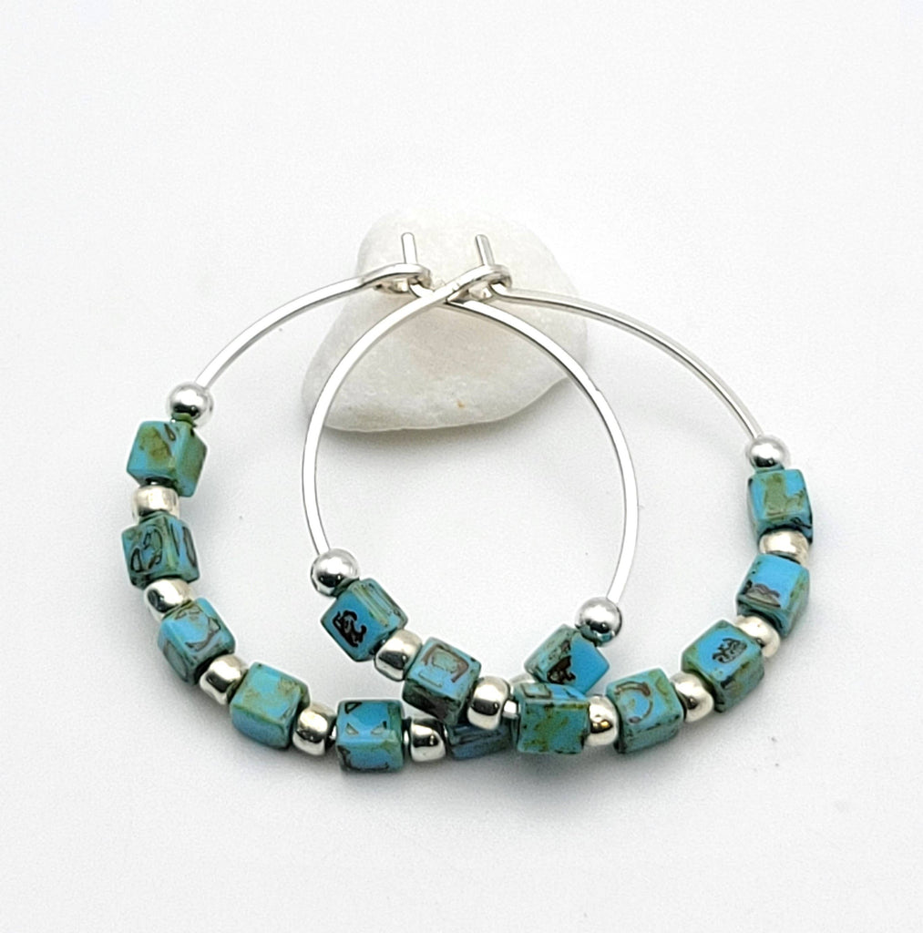 Turquoise and Sterling Silver Beaded Hoops