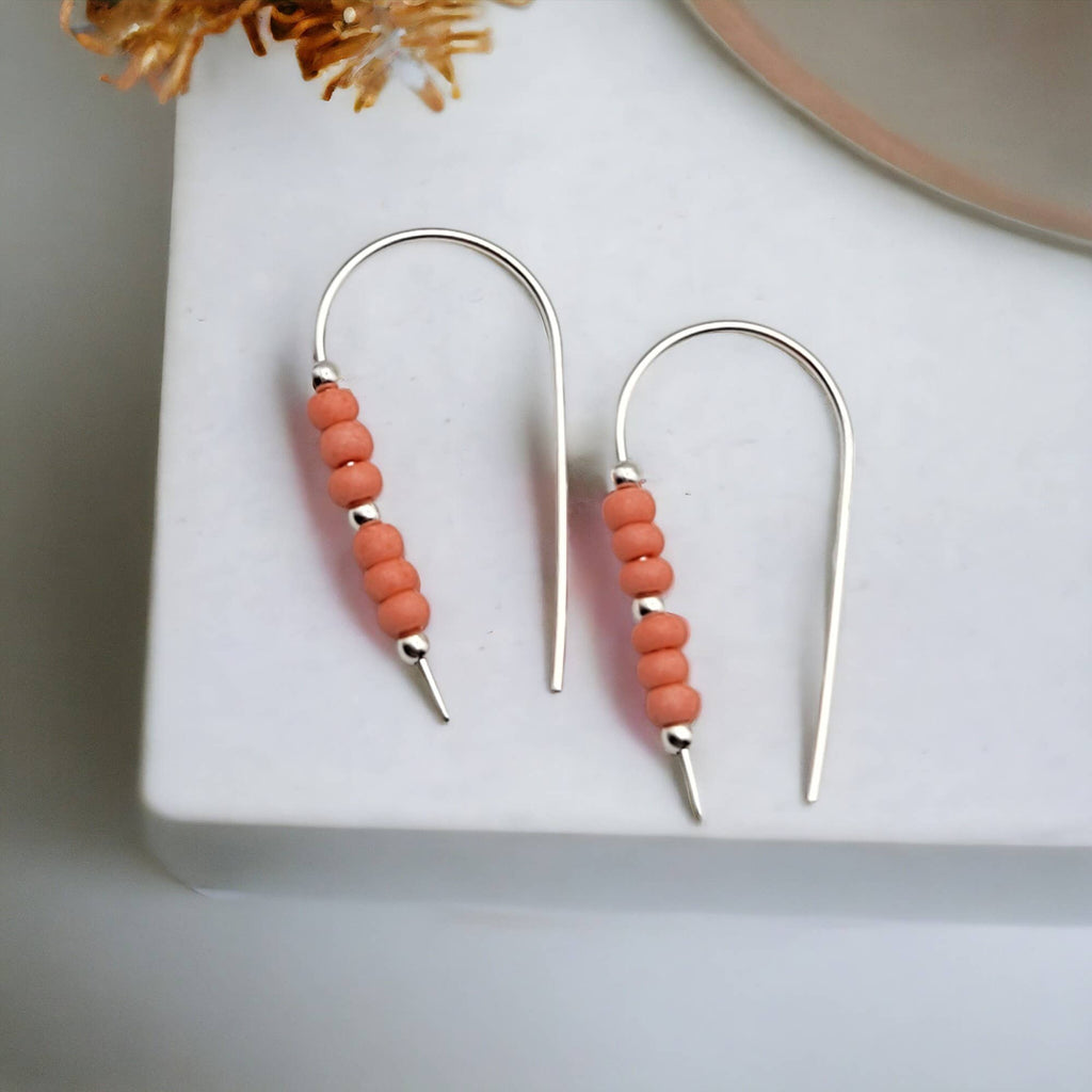 Sterling Silver Threader Earrings with Peach Coral Seed Bead