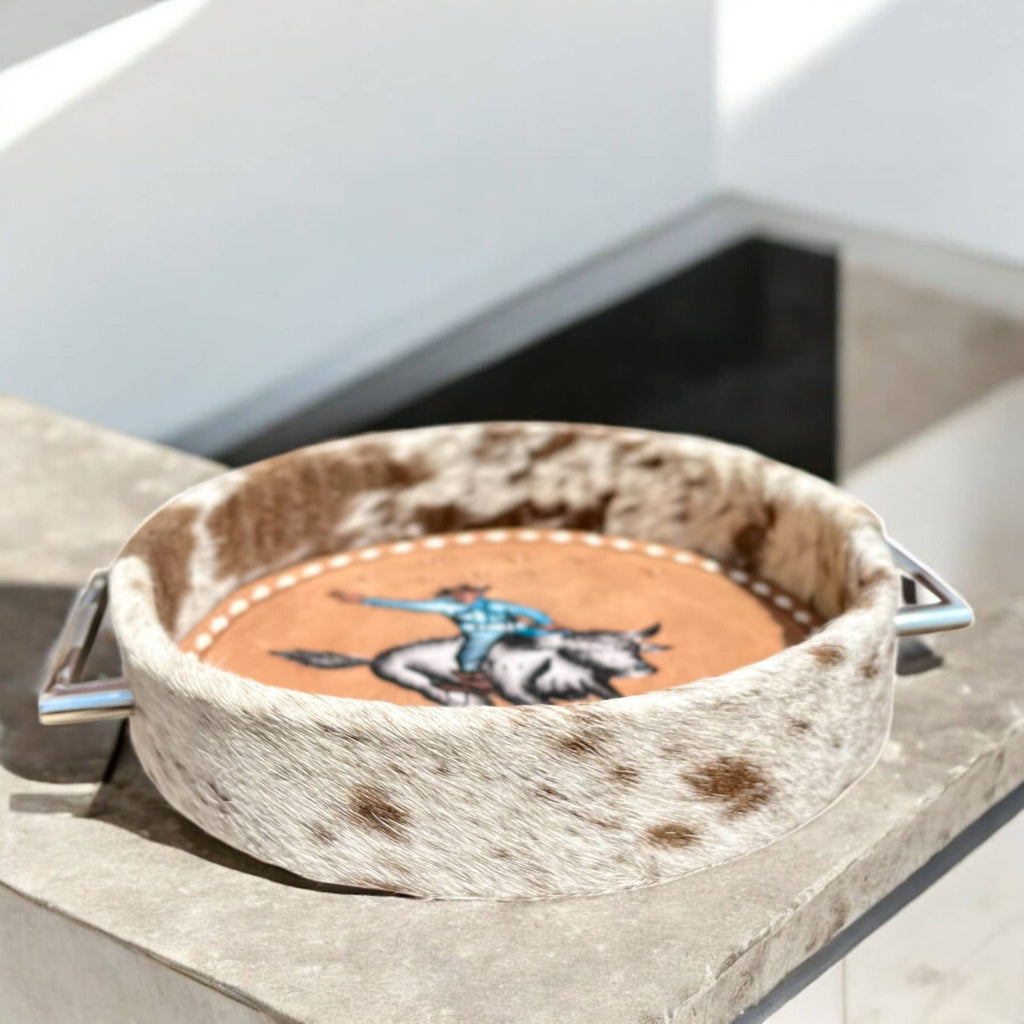 Bull Rider Tooled Leather + Cowhide Painted Tray 