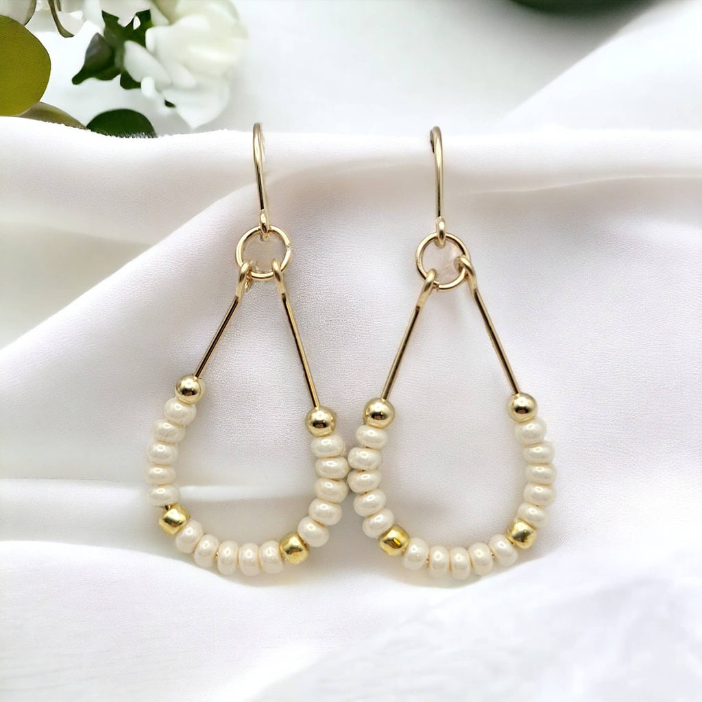 14k Gold Filled Teardrop Hoop Earrings with Pearl Seed Beads