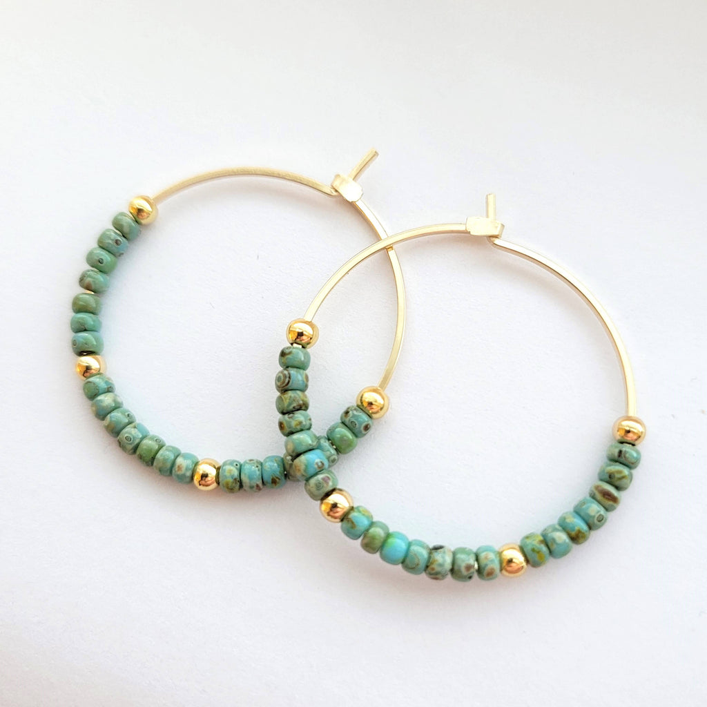 14k Gold Filled Hoops with Turquoise Picasso beads