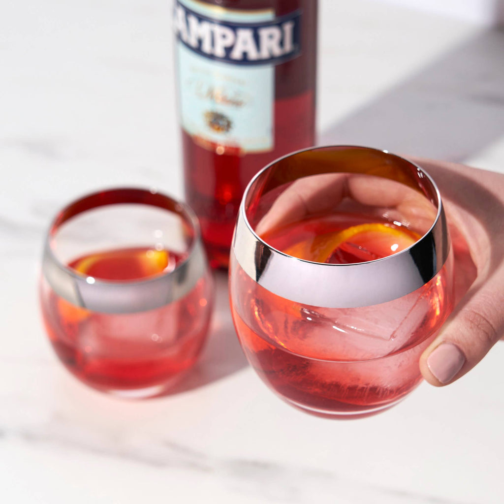 Chrome Rimmed Stemless Crystal Tumblers Set of 2