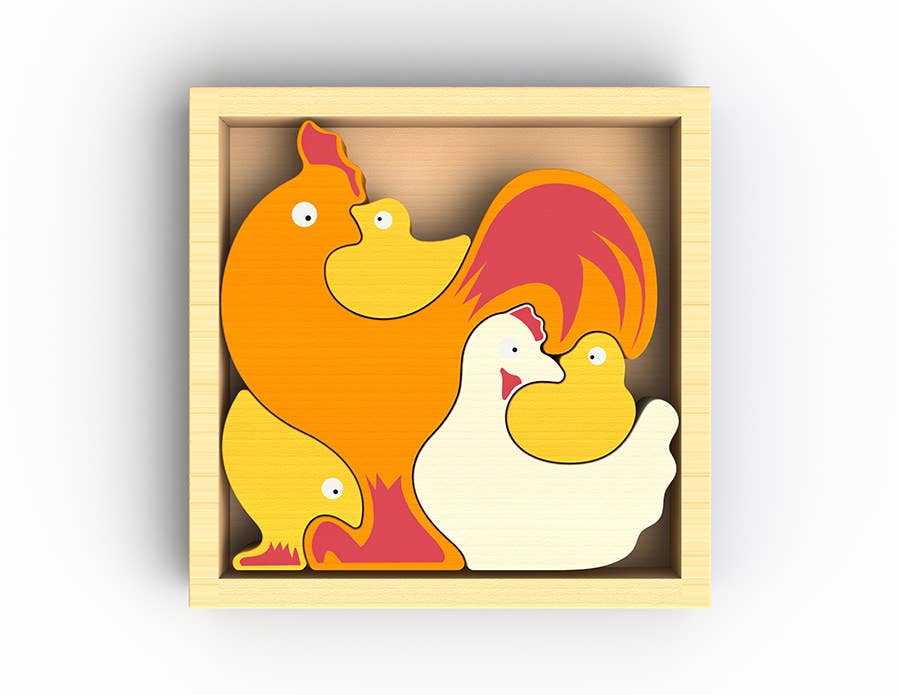 Image shows a colorful tray puzzle of a family of chickens.