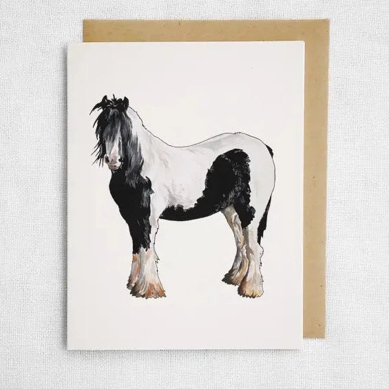 Watercolor rendering of a black and white clydesdale horse