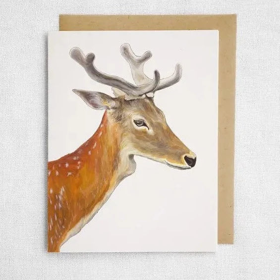 Watercolor rendering of a young deer with velvet-covered antlers