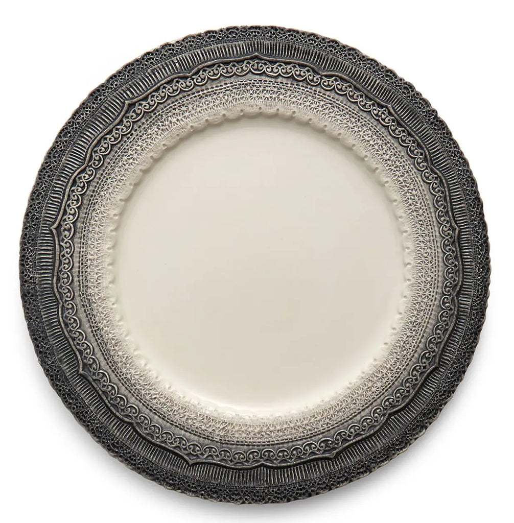 Round platter with delicate, lacelike edging, highlighted by a dark gray wash.