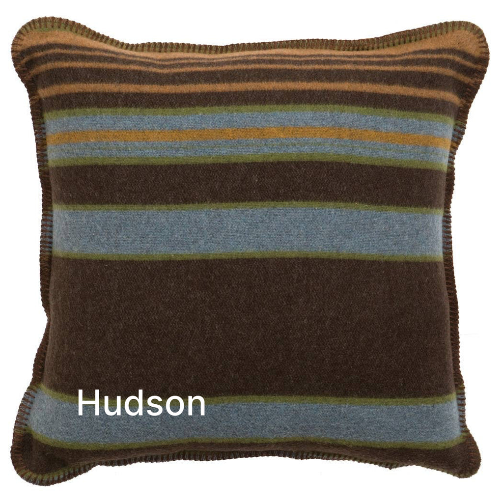 Image displays pillow with alternating brown and blue stripes.