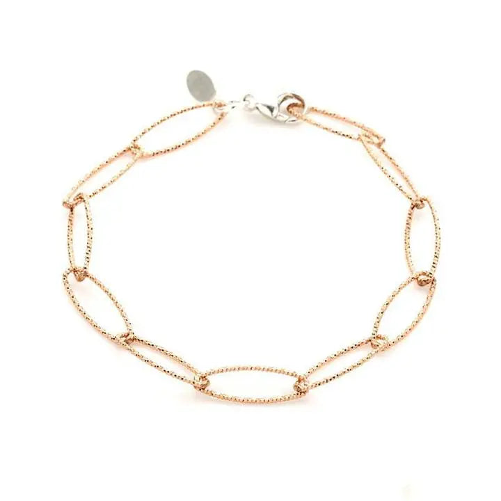 Image shows a rose gold bracelet on a white background. Bracelet links have intricate fine bevelling on the links.