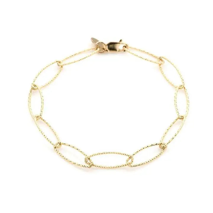 Image shows a gold bracelet on a white background. Bracelet links have intricate fine bevelling on the links