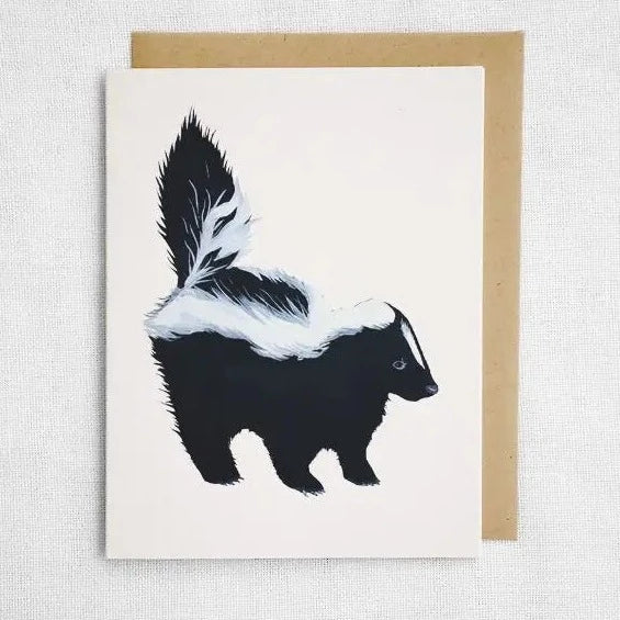 Watercolor rendering of a skunk with a raised tail