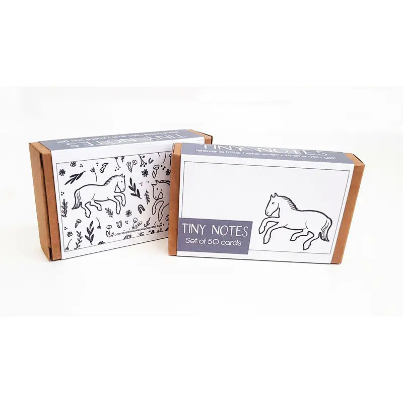 Picture shows the front and back of the "Giddy Up" Tiny Notes on a white background. Front displays a single drawn horse. Back displays two horses and assorted foliage.
