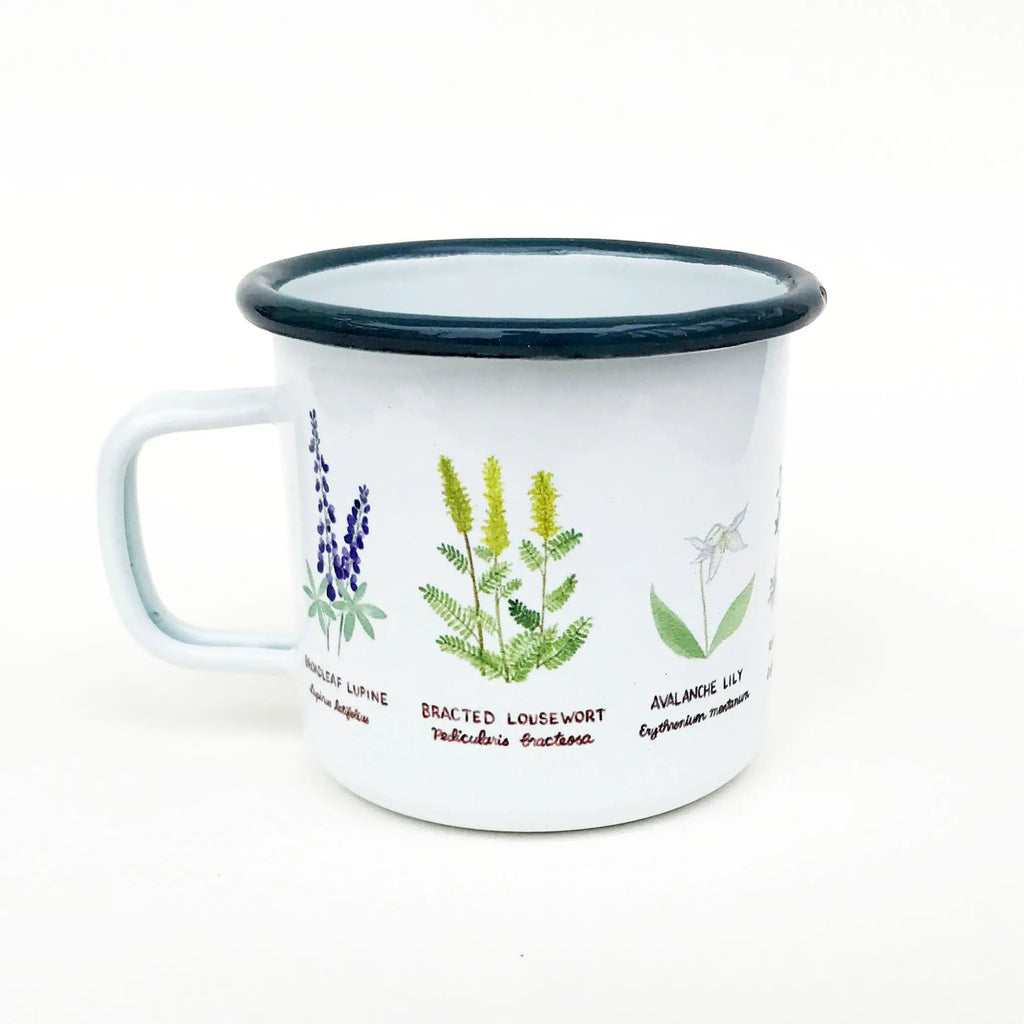 Image of a white camp mug with a blue lip and painted and labeled wildflowers along the outside.