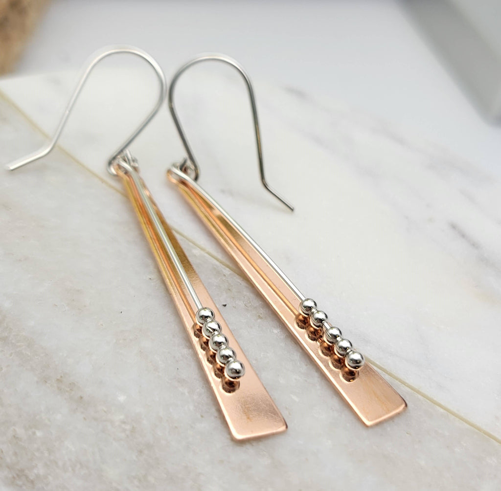 Long Bar Copper and Silver Earrings